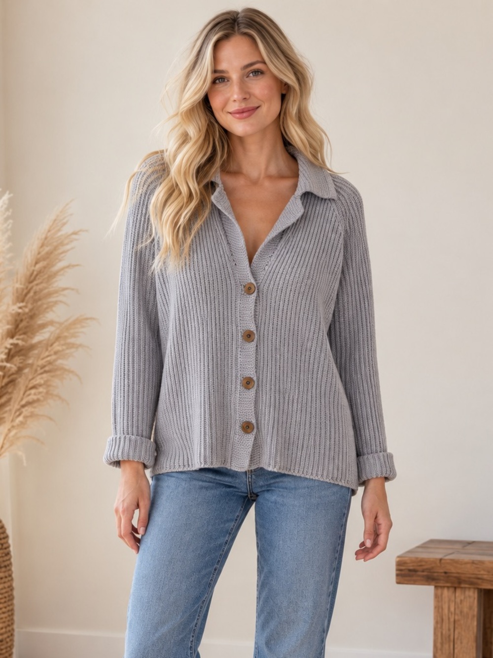 J. Jill Gray Button-Front Ribbed Knit Cardigan